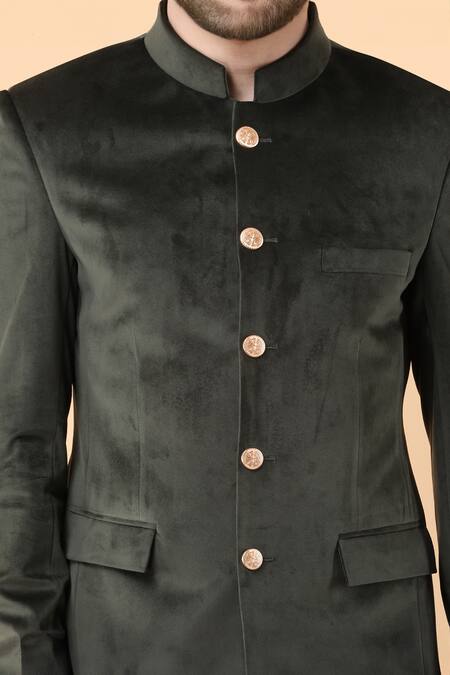 Shop_Manish Nagdeo_Green Velvet, Lycra, Cotton Solid Bandhgala With Trouser _Online_at_Aza_Fashions