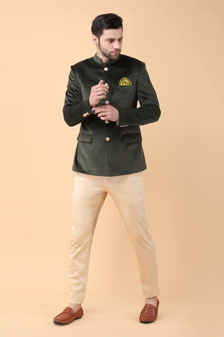 Manish Nagdeo_Green Velvet, Lycra, Cotton Solid Bandhgala With Trouser _at_Aza_Fashions