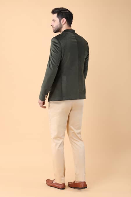 Shop_Manish Nagdeo_Green Velvet, Lycra, Cotton Solid Bandhgala With Trouser _at_Aza_Fashions