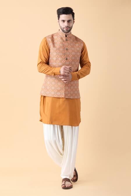 Buy Manish Nagdeo Yellow Cotton, Silk, Rayon Digital Mandala Print Bundi Kurta Set Online at Aza Fashions Buy_Manish Nagdeo_Yellow Cotton, Silk, Rayon Digital Mandala Print Bundi Kurta Set _Online_at_Aza_Fashions