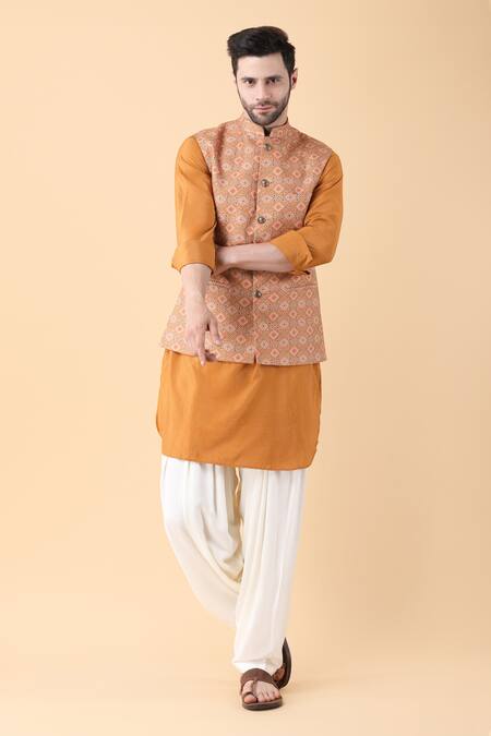Shop_Manish Nagdeo_Yellow Cotton, Silk, Rayon Digital Mandala Print Bundi Kurta Set _Online_at_Aza_Fashions
