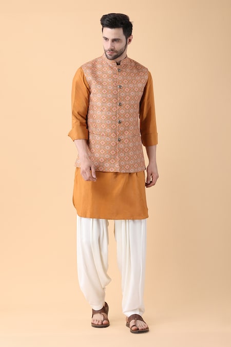 Manish Nagdeo Yellow Cotton, Silk, Rayon Digital Mandala Print Bundi Kurta Set at Aza Fashions Manish Nagdeo_Yellow Cotton, Silk, Rayon Digital Mandala Print Bundi Kurta Set _at_Aza_Fashions