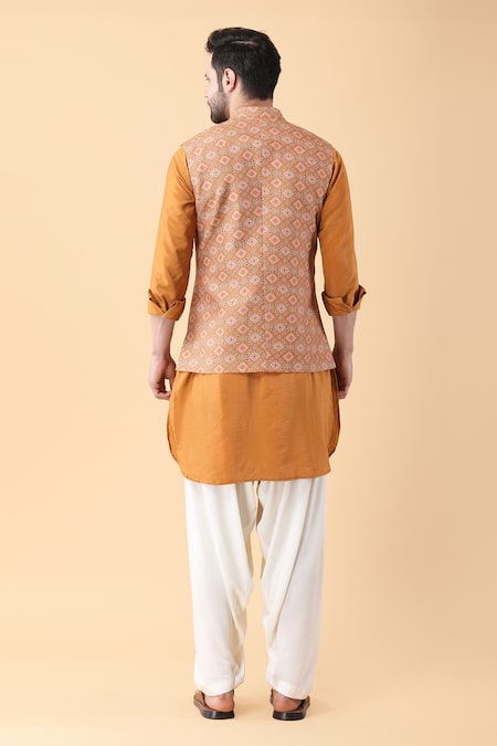 Shop Manish Nagdeo Yellow Cotton, Silk, Rayon Digital Mandala Print Bundi Kurta Set at Aza Fashions Shop_Manish Nagdeo_Yellow Cotton, Silk, Rayon Digital Mandala Print Bundi Kurta Set _at_Aza_Fashions
