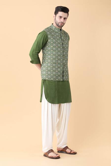 Shop_Manish Nagdeo_Green Cotton, Silk Digital Prism Fleur Print Bundi Kurta Set_Online_at_Aza_Fashions
