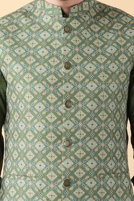 Manish Nagdeo_Green Cotton, Silk Digital Prism Fleur Print Bundi Kurta Set_at_Aza_Fashions