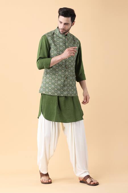 Buy_Manish Nagdeo_Green Cotton, Silk Digital Prism Fleur Print Bundi Kurta Set