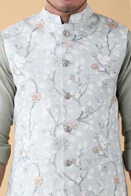 Shop_Manish Nagdeo_Green , Silk, Satin, Rayon Spring Fleur Bundi Kurta Set _Online_at_Aza_Fashions