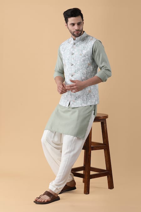 Manish Nagdeo_Green , Silk, Satin, Rayon Spring Fleur Bundi Kurta Set _at_Aza_Fashions