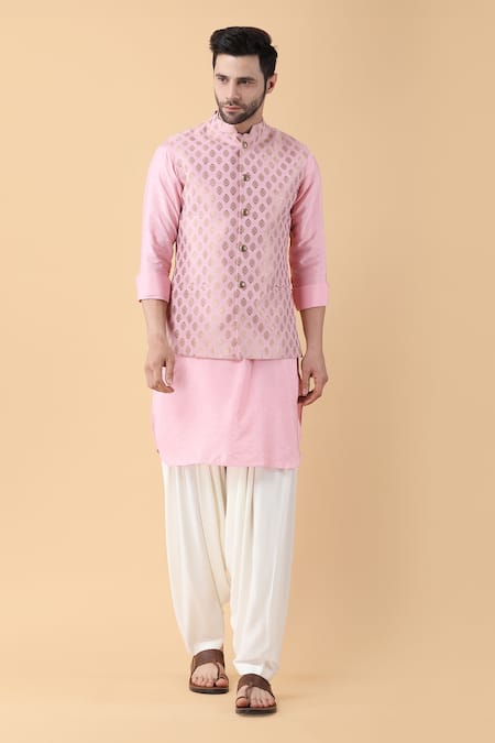 Manish Nagdeo_Pink Brocade, Cotton, Silk, Rayon Embroidery Damask Bundi Kurta Set _Online_at_Aza_Fashions