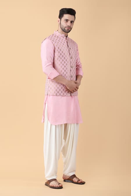 Buy_Manish Nagdeo_Pink Brocade, Cotton, Silk, Rayon Embroidery Damask Bundi Kurta Set _Online_at_Aza_Fashions