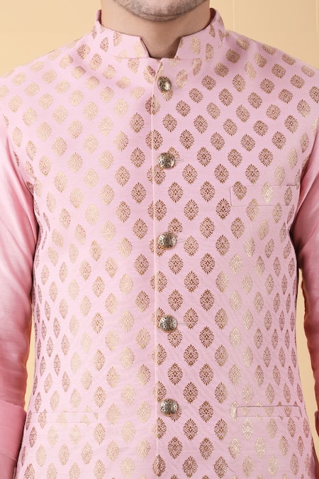 Shop_Manish Nagdeo_Pink Brocade, Cotton, Silk, Rayon Embroidery Damask Bundi Kurta Set _Online_at_Aza_Fashions