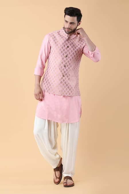 Manish Nagdeo_Pink Brocade, Cotton, Silk, Rayon Embroidery Damask Bundi Kurta Set _at_Aza_Fashions