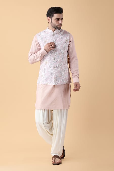 Manish Nagdeo_Pink Cotton, Silk Embroidery Spring Blossom Bundi Kurta Set_Online_at_Aza_Fashions