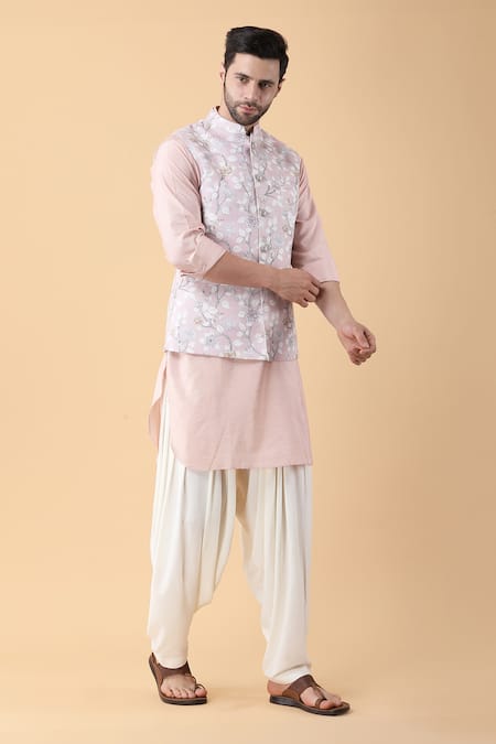 Buy_Manish Nagdeo_Pink Cotton, Silk Embroidery Spring Blossom Bundi Kurta Set_Online_at_Aza_Fashions