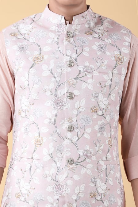 Shop_Manish Nagdeo_Pink Cotton, Silk Embroidery Spring Blossom Bundi Kurta Set_Online_at_Aza_Fashions