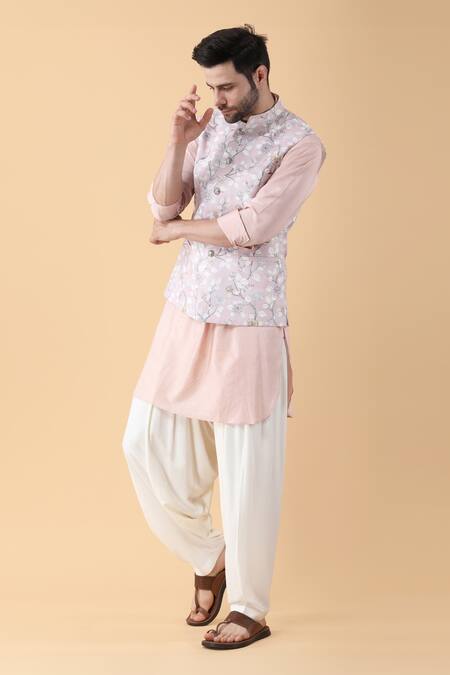 Manish Nagdeo_Pink Cotton, Silk Embroidery Spring Blossom Bundi Kurta Set_at_Aza_Fashions