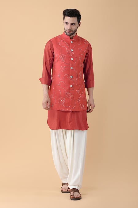 Manish Nagdeo_Red , Satin, Silk Sequins, Embroidery Ivy Dori Bundi Set _Online_at_Aza_Fashions