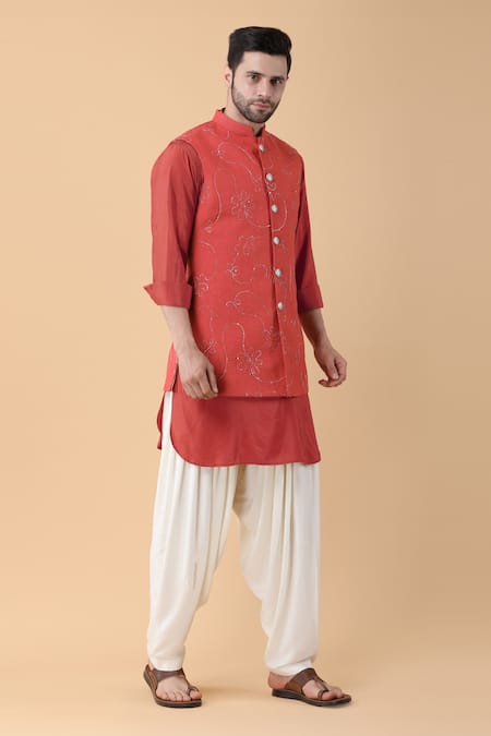 Buy_Manish Nagdeo_Red , Satin, Silk Sequins, Embroidery Ivy Dori Bundi Set _Online_at_Aza_Fashions