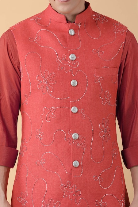 Shop_Manish Nagdeo_Red , Satin, Silk Sequins, Embroidery Ivy Dori Bundi Set _Online_at_Aza_Fashions