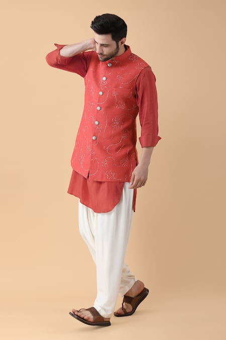 Manish Nagdeo_Red , Satin, Silk Sequins, Embroidery Ivy Dori Bundi Set _at_Aza_Fashions