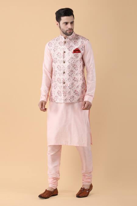 Manish Nagdeo_Peach Silk, Cotton Zari, Embroidery Blossom Print Bundi Kurta Set _Online_at_Aza_Fashions