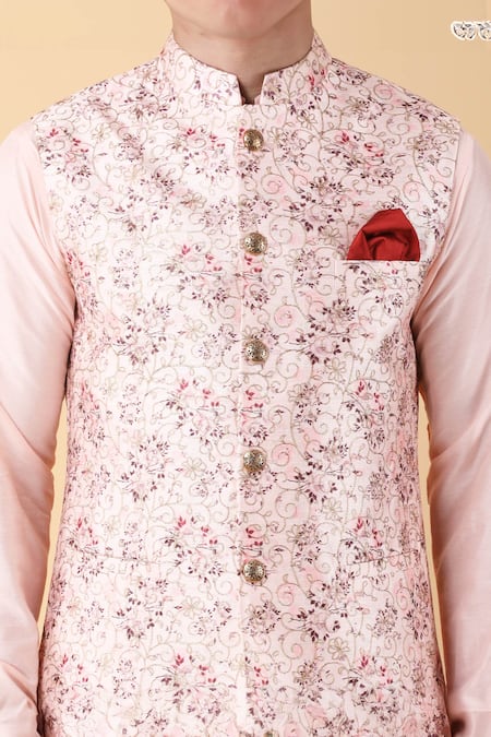 Buy_Manish Nagdeo_Peach Silk, Cotton Zari, Embroidery Blossom Print Bundi Kurta Set _Online_at_Aza_Fashions