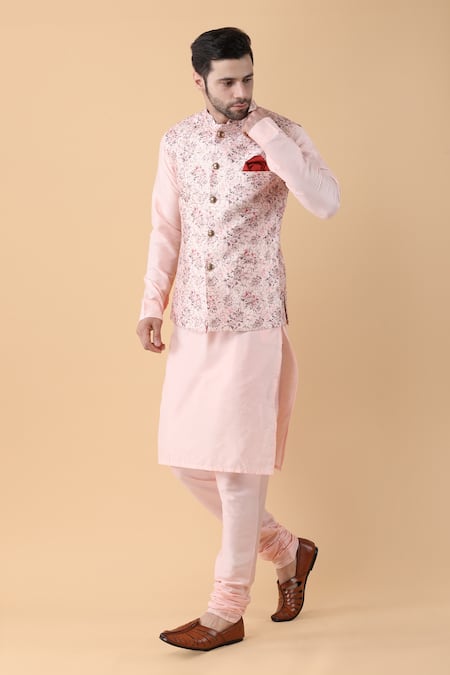 Shop_Manish Nagdeo_Peach Silk, Cotton Zari, Embroidery Blossom Print Bundi Kurta Set _Online_at_Aza_Fashions