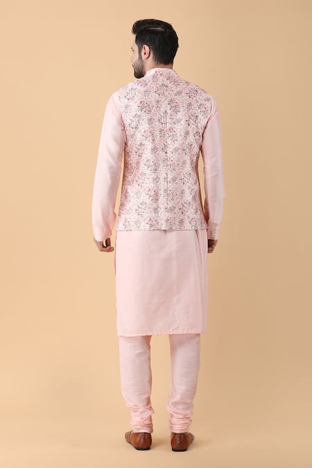 Shop_Manish Nagdeo_Peach Silk, Cotton Zari, Embroidery Blossom Print Bundi Kurta Set _at_Aza_Fashions