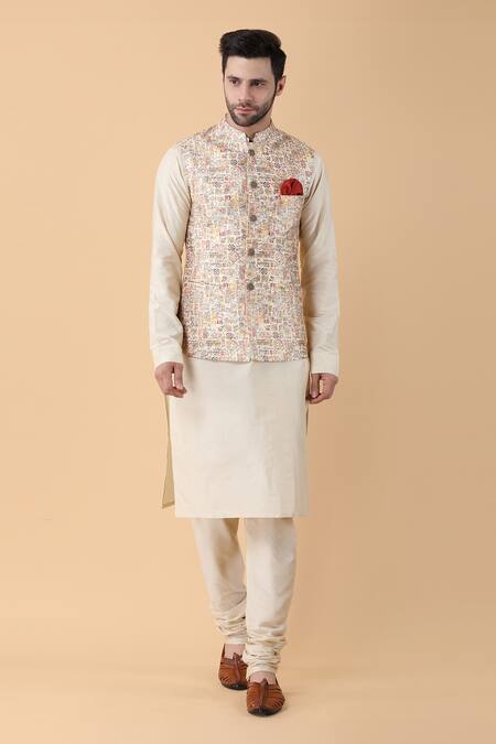 Manish Nagdeo Beige Silk, Cotton Zari Quirky Print Bundi Kurta Set Online at Aza Fashions Manish Nagdeo_Beige Silk, Cotton Zari Quirky Print Bundi Kurta Set _Online_at_Aza_Fashions