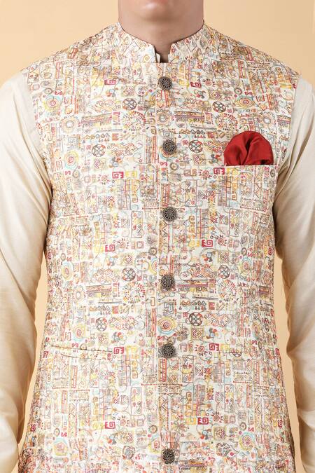 Buy_Manish Nagdeo_Beige Silk, Cotton Zari Quirky Print Bundi Kurta Set _Online_at_Aza_Fashions