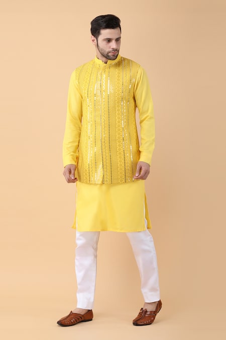 Manish Nagdeo_Yellow Cotton, Silk Sequins, Embroidery Bundi Kurta Set _Online_at_Aza_Fashions