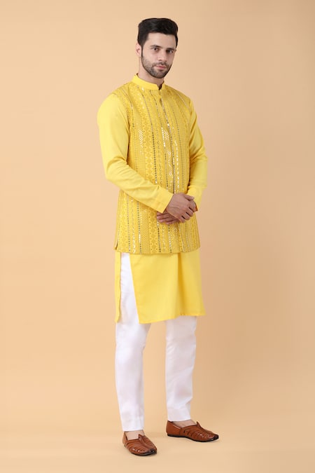 Buy_Manish Nagdeo_Yellow Cotton, Silk Sequins, Embroidery Bundi Kurta Set _Online_at_Aza_Fashions