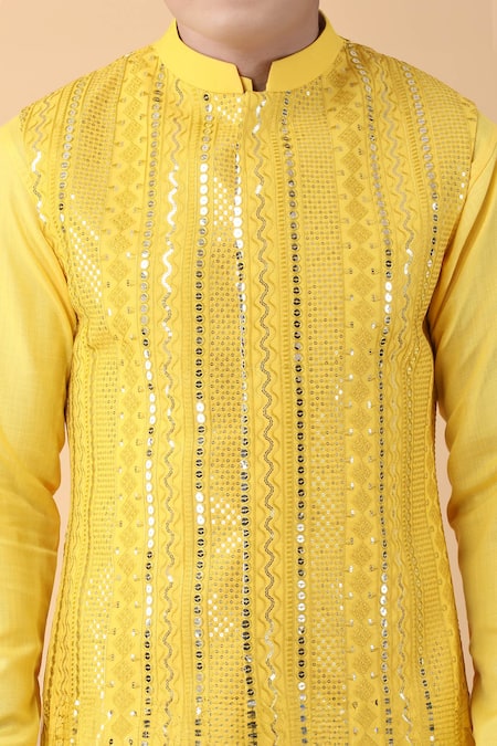 Shop_Manish Nagdeo_Yellow Cotton, Silk Sequins, Embroidery Bundi Kurta Set _Online_at_Aza_Fashions