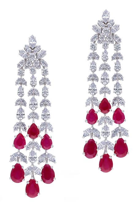 Shop DIOSA PARIS JEWELLERY Red Smocking, Diamonds Ruby Tasse Embellished Earrings at Aza Fashions Shop_DIOSA PARIS JEWELLERY_Red Smocking, Diamonds Ruby Tasse Embellished Earrings _at_Aza_Fashions