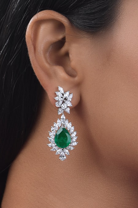 DIOSA PARIS JEWELLERY Green Stones, Diamonds Emerald Embellished Drop Earrings 