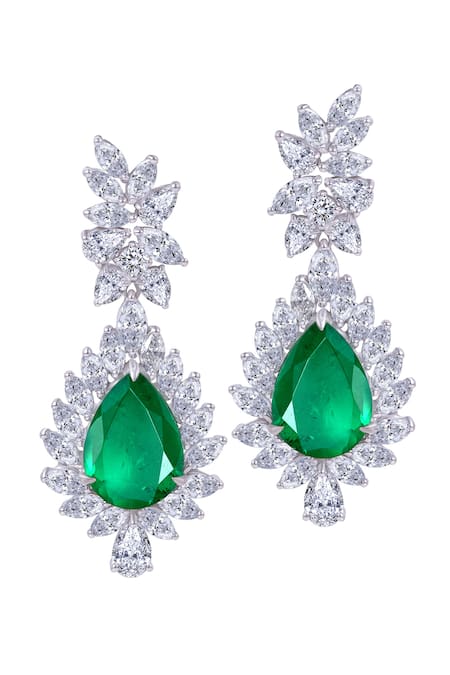 Shop DIOSA PARIS JEWELLERY Green Stones, Diamonds Emerald Embellished Drop Earrings at Aza Fashions Shop_DIOSA PARIS JEWELLERY_Green Stones, Diamonds Emerald Embellished Drop Earrings _at_Aza_Fashions