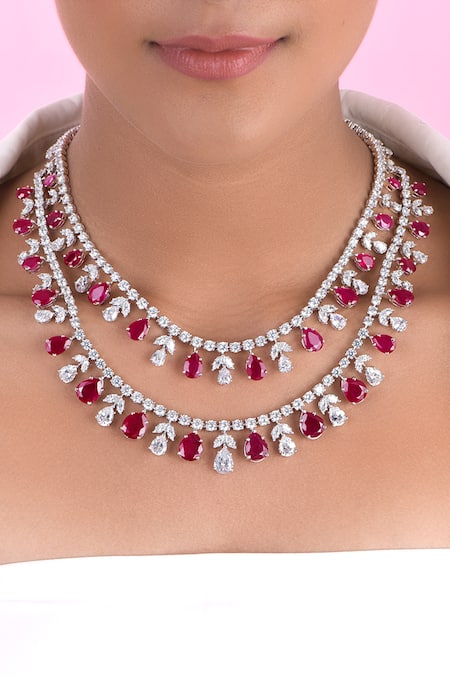 DIOSA PARIS JEWELLERY Red Swarovski Zirconia Embellished Layered Necklace