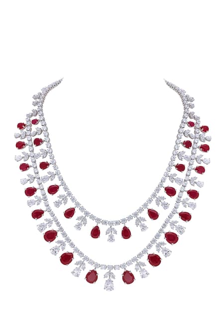 Shop_DIOSA PARIS JEWELLERY_Red Swarovski Zirconia Embellished Layered Necklace _at_Aza_Fashions