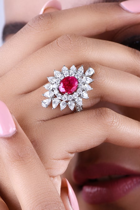 DIOSA PARIS JEWELLERY Floral Ruby Embellished Ring 