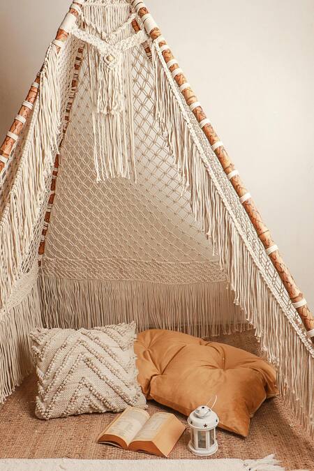 Shop_Karighar_Off White Wood, Cotton Thread Cosy Woven Tepee_Online_at_Aza_Fashions