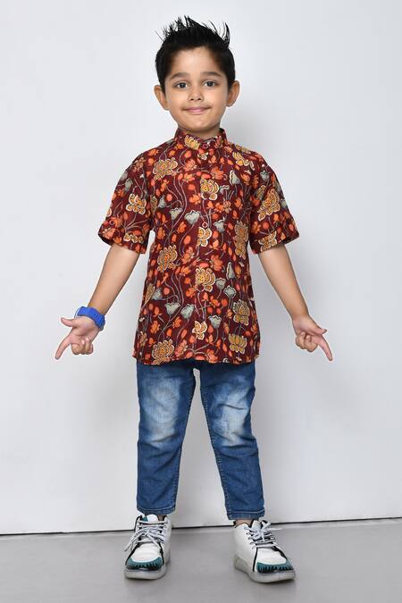 Petite Pomme_Maroon Cotton Embroidery Floral Pattern Shirt _Online_at_Aza_Fashions