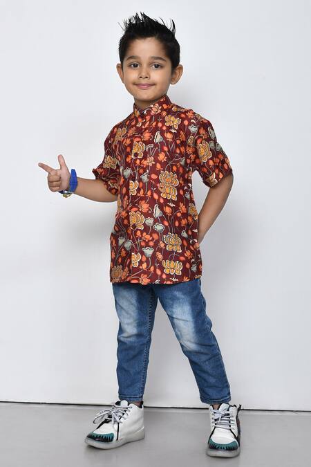 Shop_Petite Pomme_Maroon Cotton Embroidery Floral Pattern Shirt _Online_at_Aza_Fashions