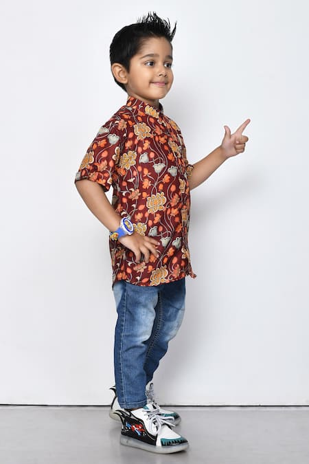 Petite Pomme_Maroon Cotton Embroidery Floral Pattern Shirt _at_Aza_Fashions