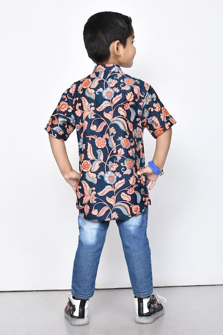 Shop_Petite Pomme_Blue Cotton Embroidery Floral Pattern Band Collar Shirt _at_Aza_Fashions