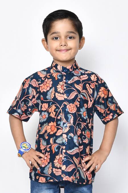 Petite Pomme Blue Cotton Embroidery Floral Pattern Band Collar Shirt Online at Aza Fashions Petite Pomme_Blue Cotton Embroidery Floral Pattern Band Collar Shirt _Online_at_Aza_Fashions