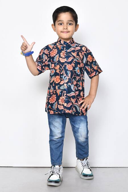 Buy_Petite Pomme_Blue Cotton Embroidery Floral Pattern Band Collar Shirt _Online_at_Aza_Fashions