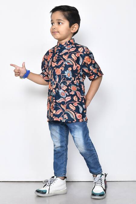 Shop_Petite Pomme_Blue Cotton Embroidery Floral Pattern Band Collar Shirt _Online_at_Aza_Fashions