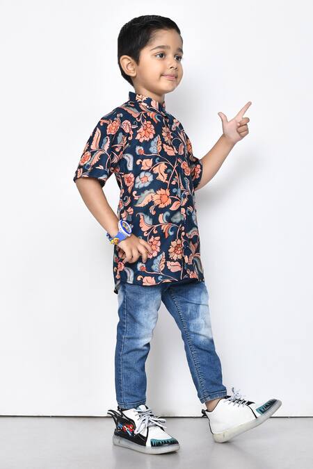 Petite Pomme_Blue Cotton Embroidery Floral Pattern Band Collar Shirt _at_Aza_Fashions