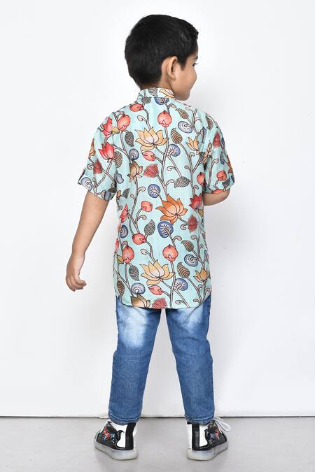 Shop_Samyukta Singhania_Blue Cotton Floral Pattern Half Sleeve Shirt _at_Aza_Fashions
