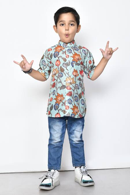 Buy_Samyukta Singhania_Blue Cotton Floral Pattern Half Sleeve Shirt _Online_at_Aza_Fashions